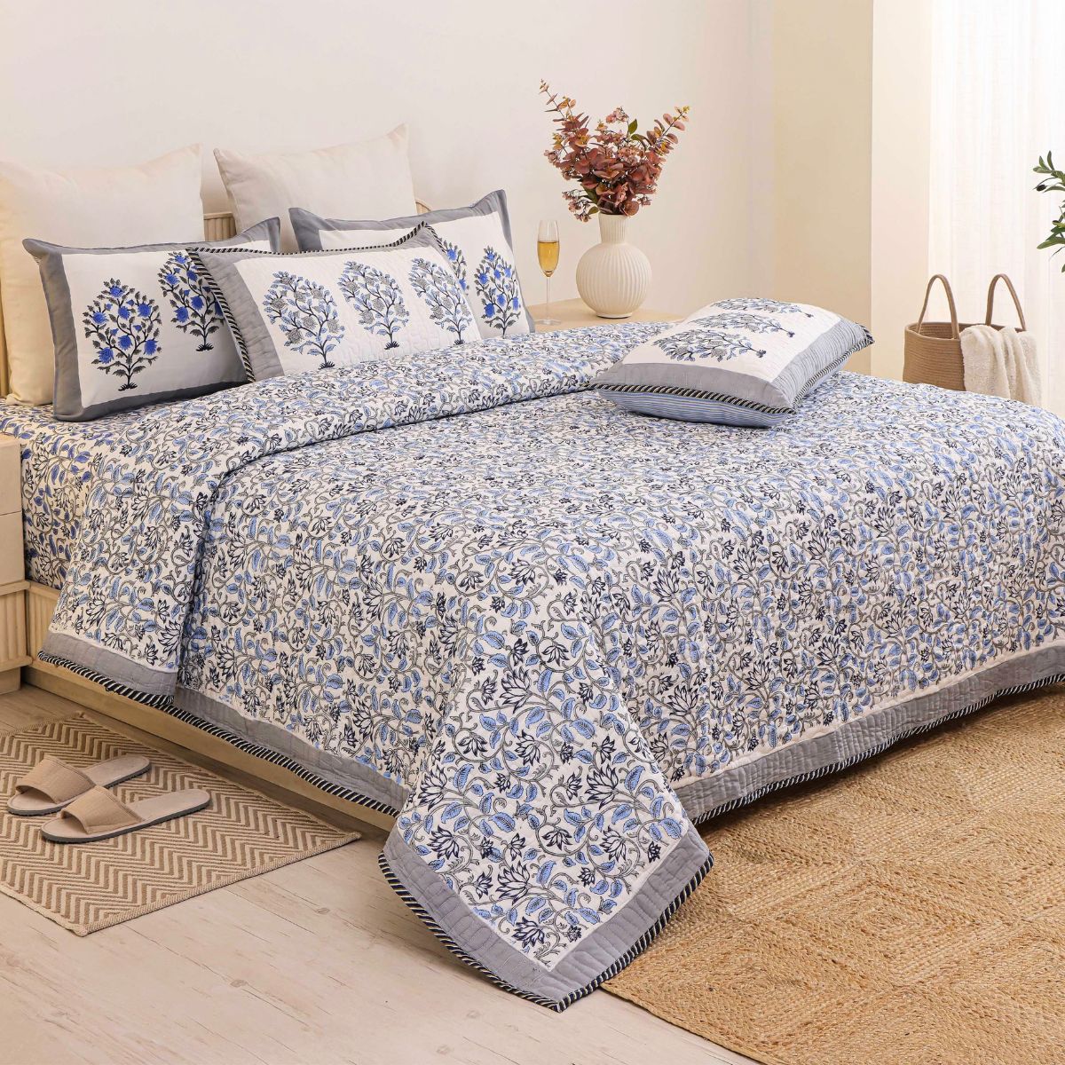 The Royal Indigo Cypress Heritage Block-Printed Cotton Bedspread with 2 Pillow Covers