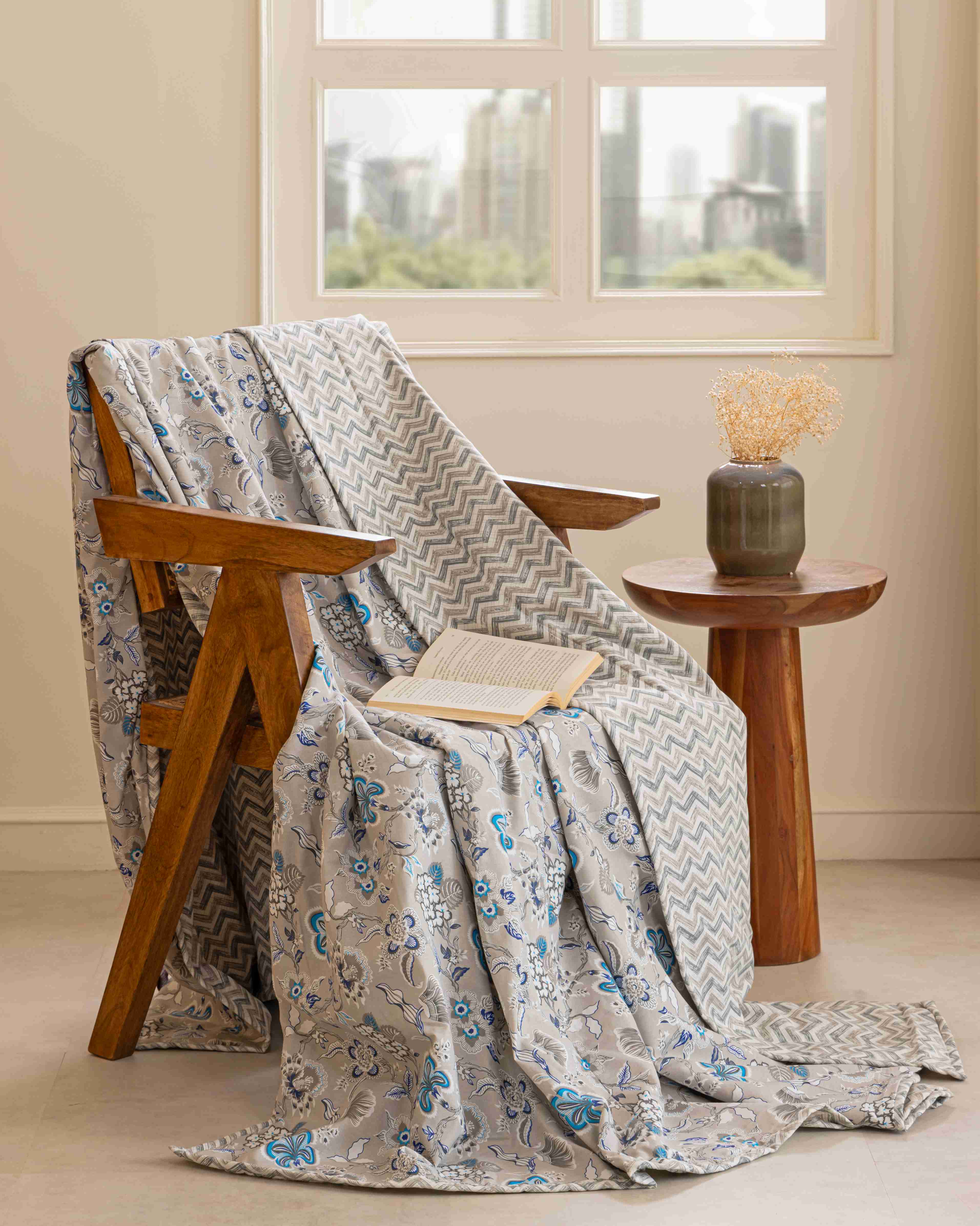 Grey & Blue Petals Reversible Dohar