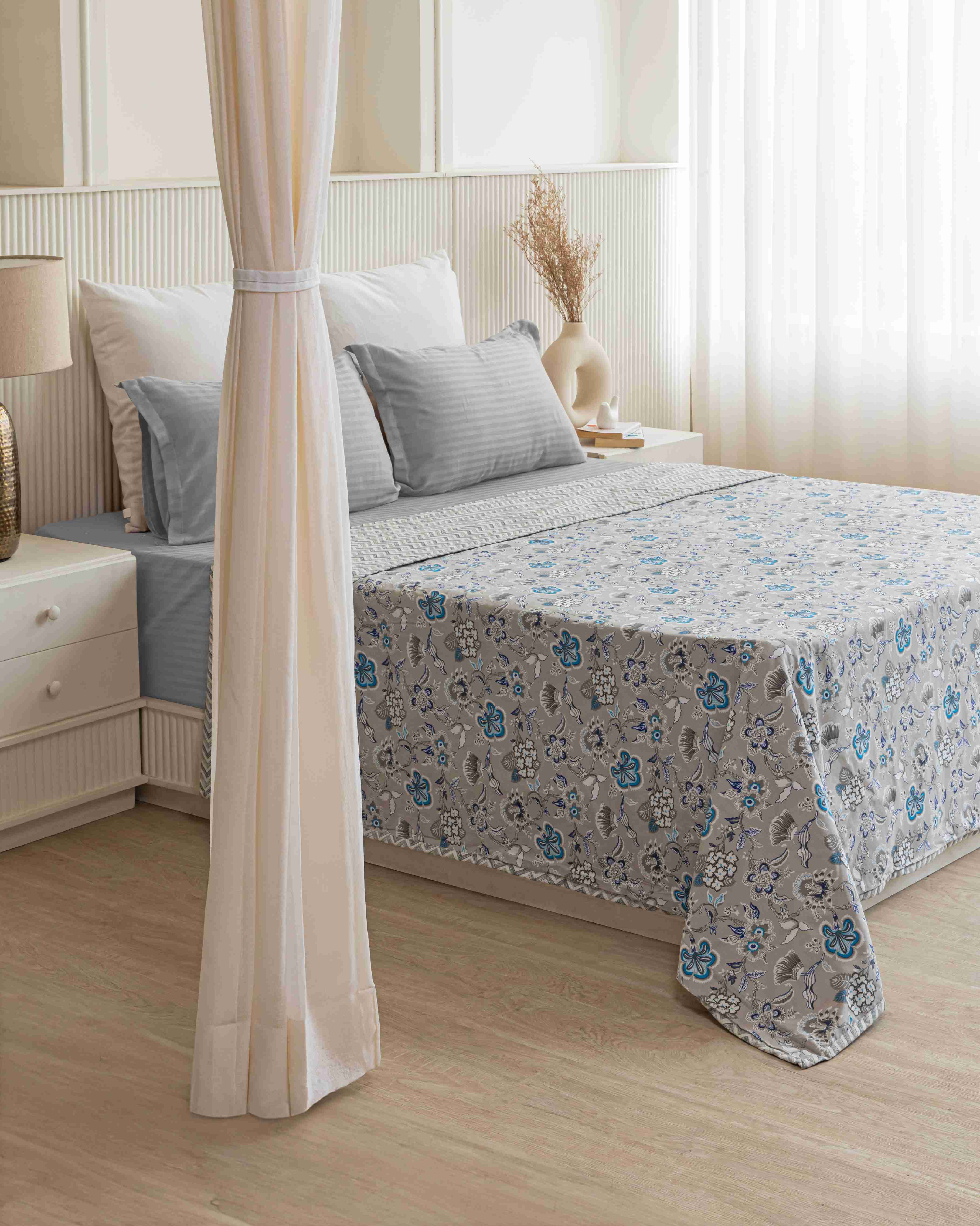 Grey & Blue Petals Ultrasoft Reversible Dohar