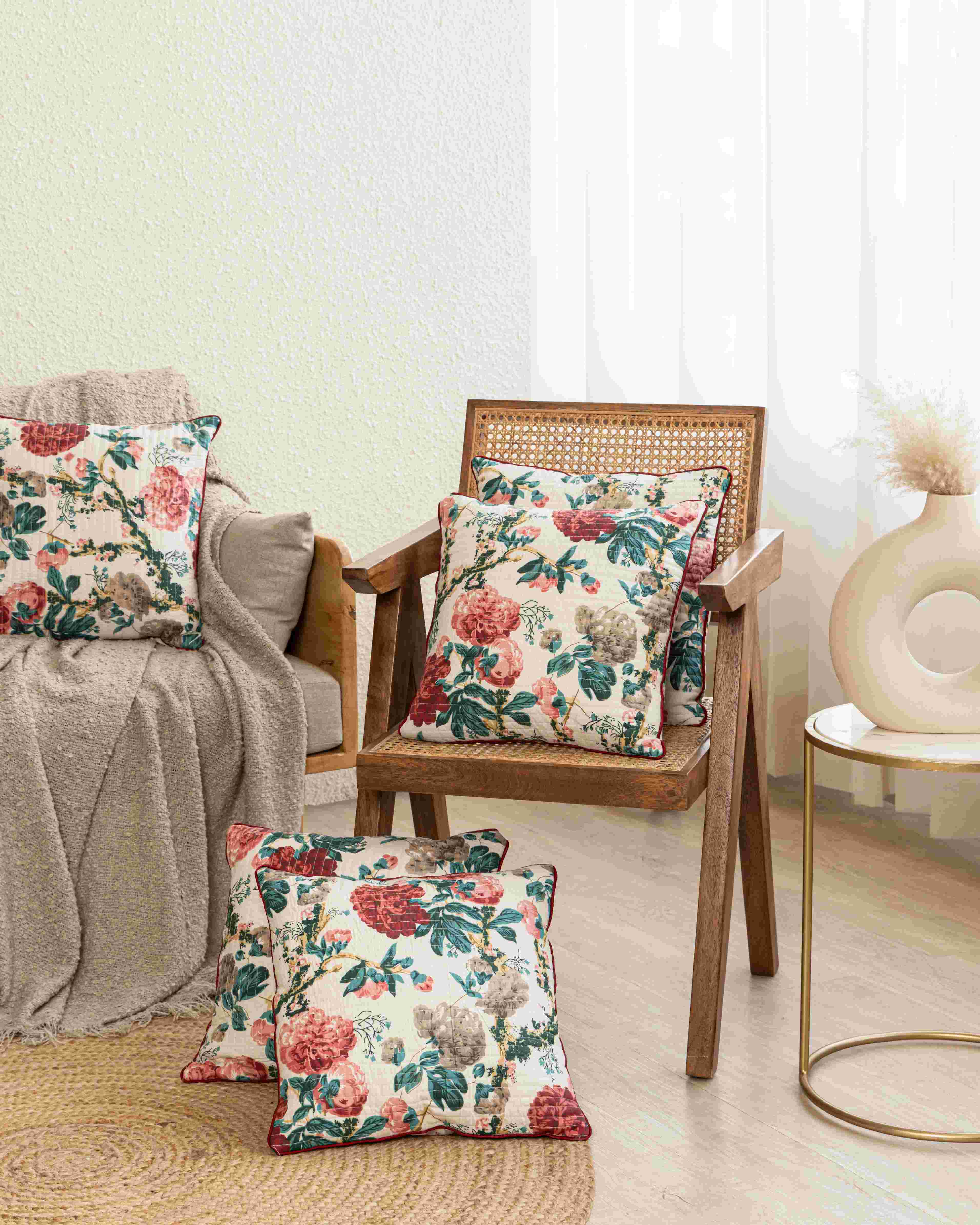 Quilted Crimson Blossom Cushion Cover