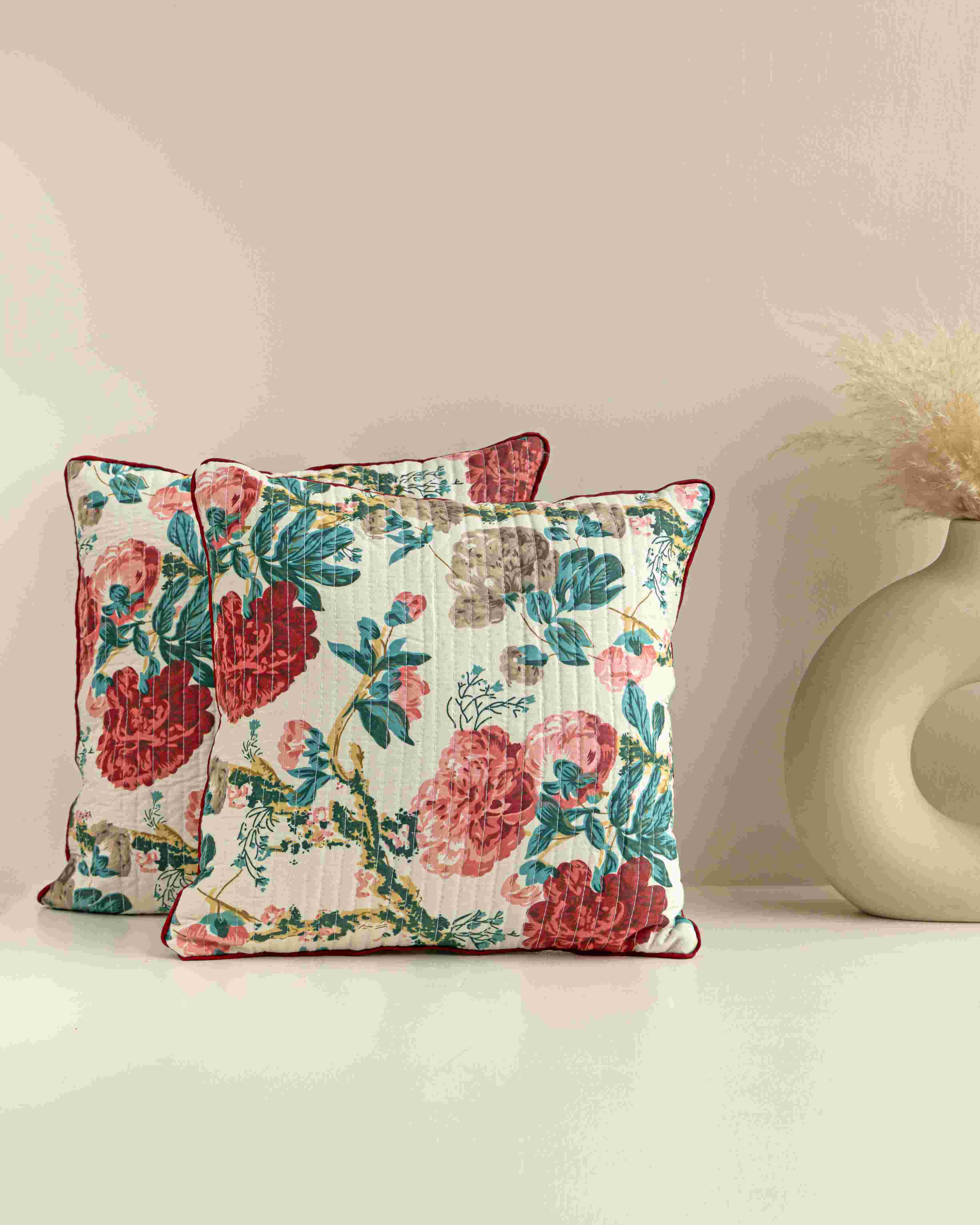 Quilted Crimson Blossom Cushion Covers (Pack of 5)