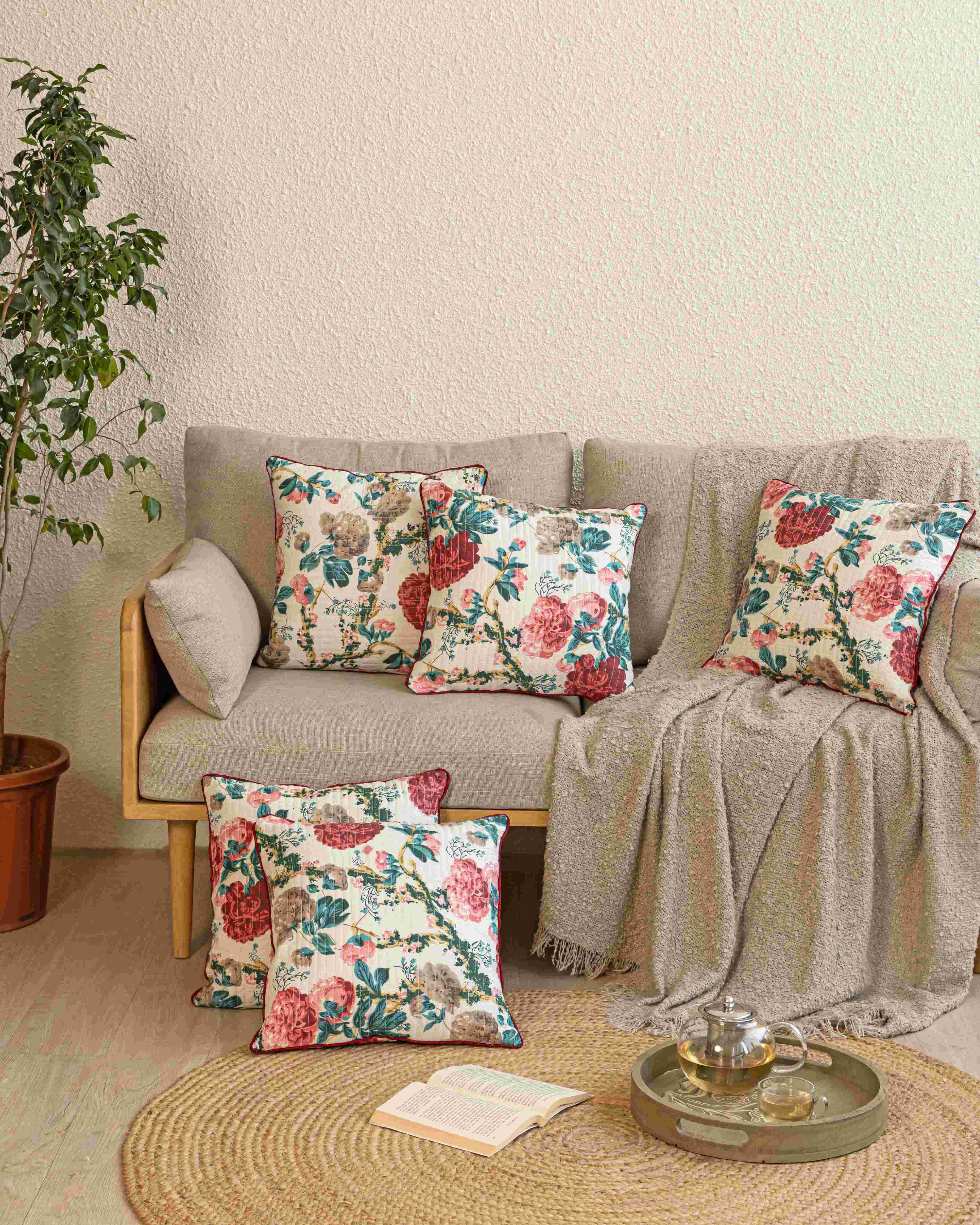 Quilted Crimson Blossom Cushion Covers (Pack of 5)