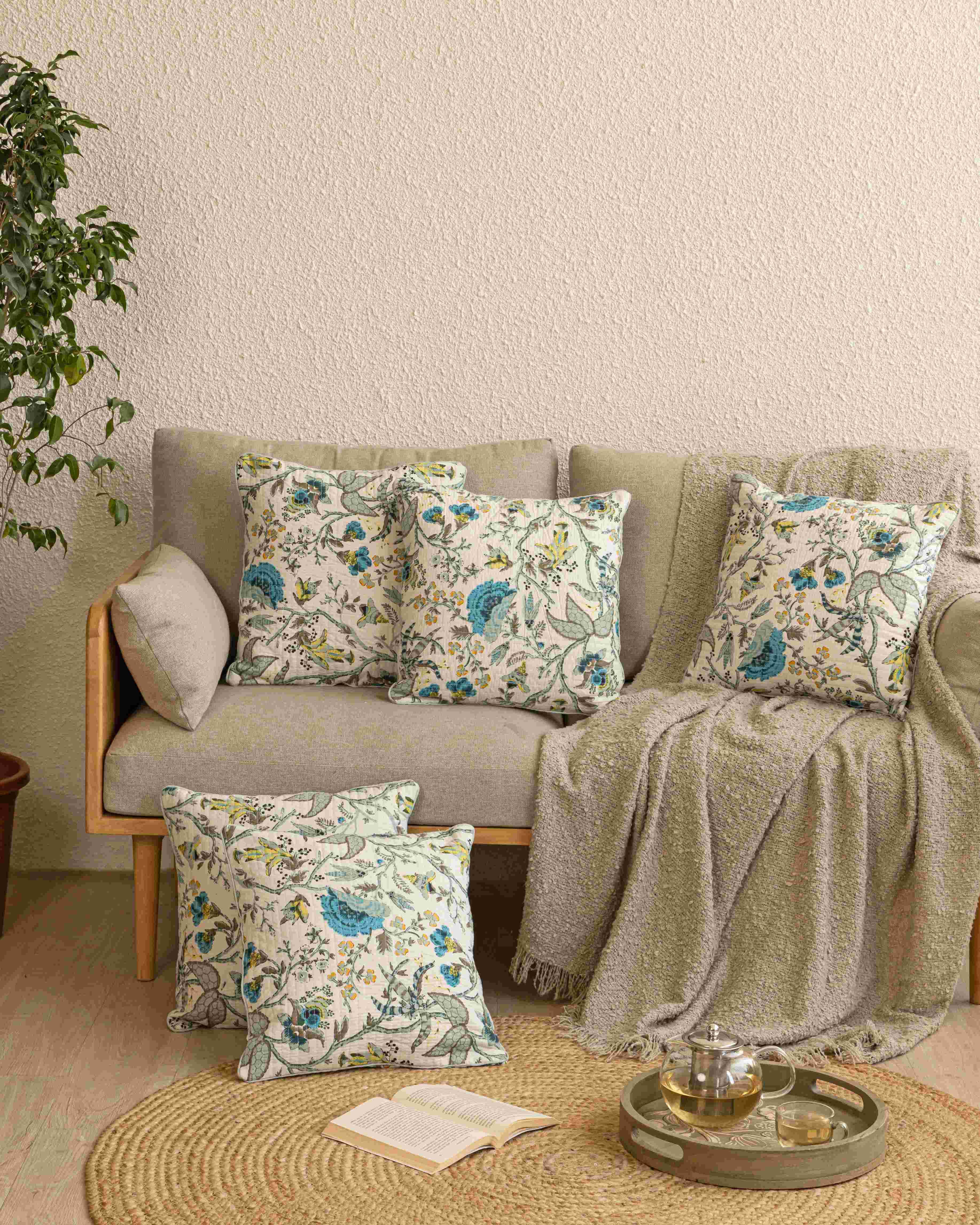 Quilted Sapphire Blossom Cushion Covers (Pack of 5)