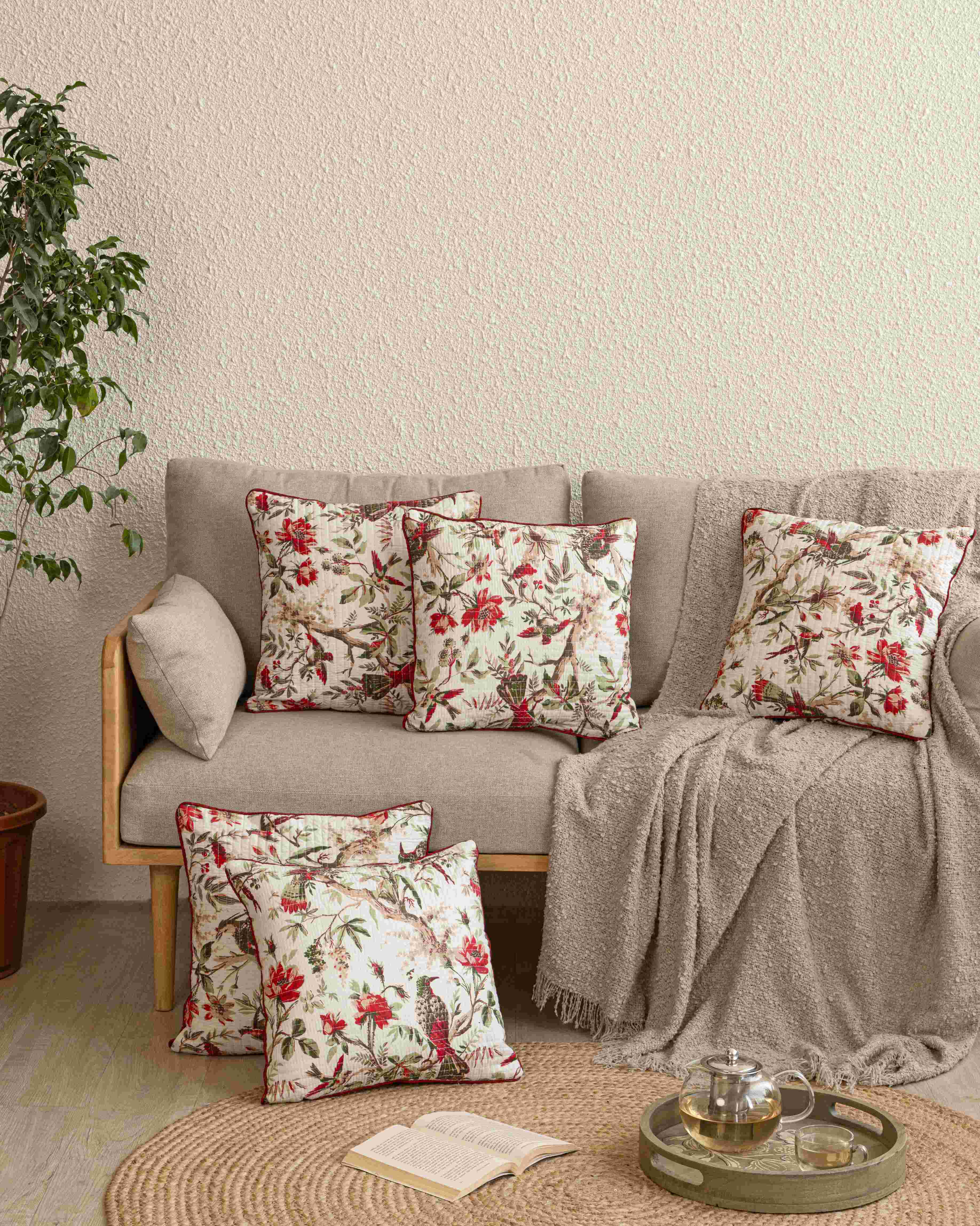 Red Quilted Flamingo Blossom Cushion Covers (Pack of 5)
