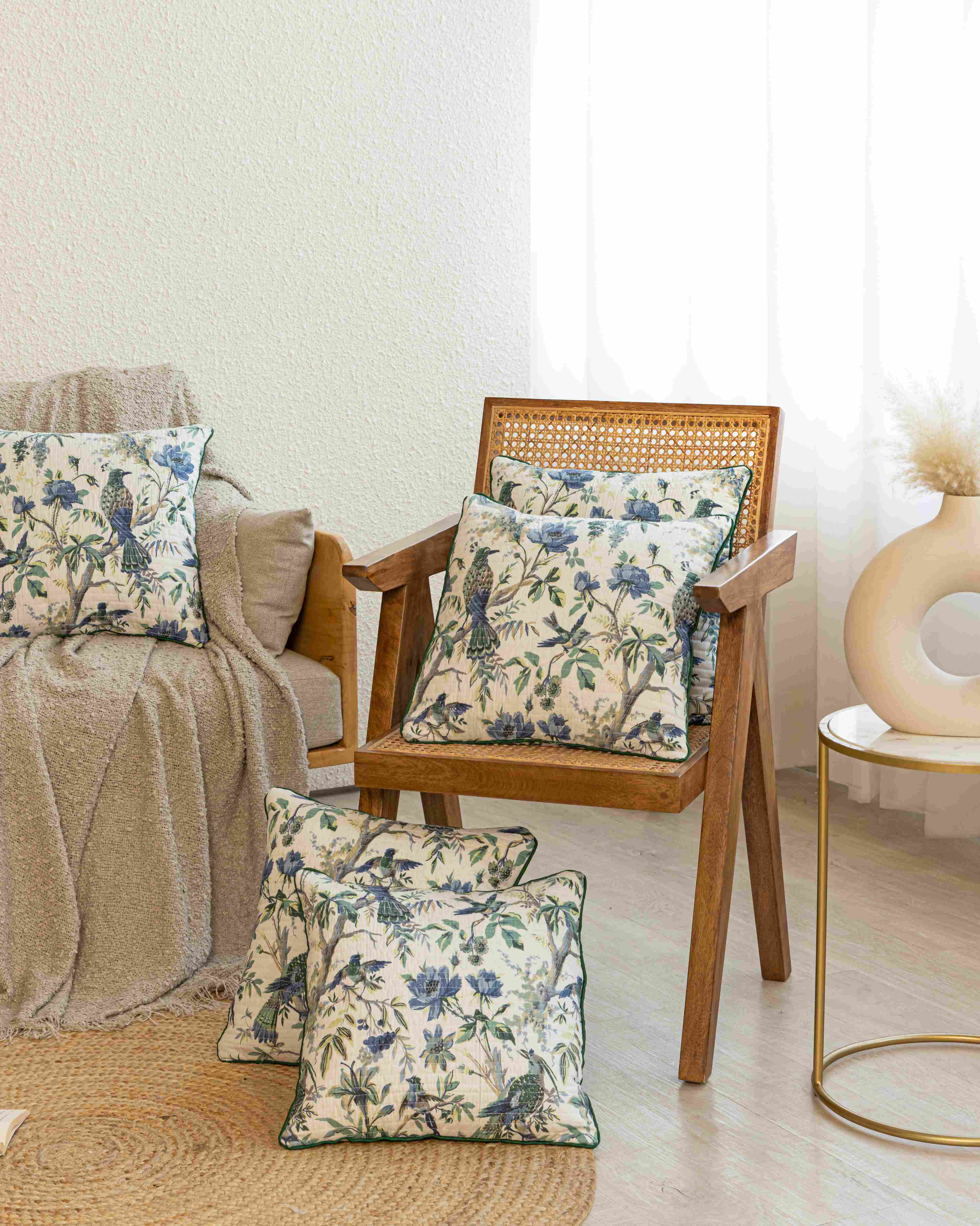 Blue Quilted Flamingo Blossom Cushion Cover