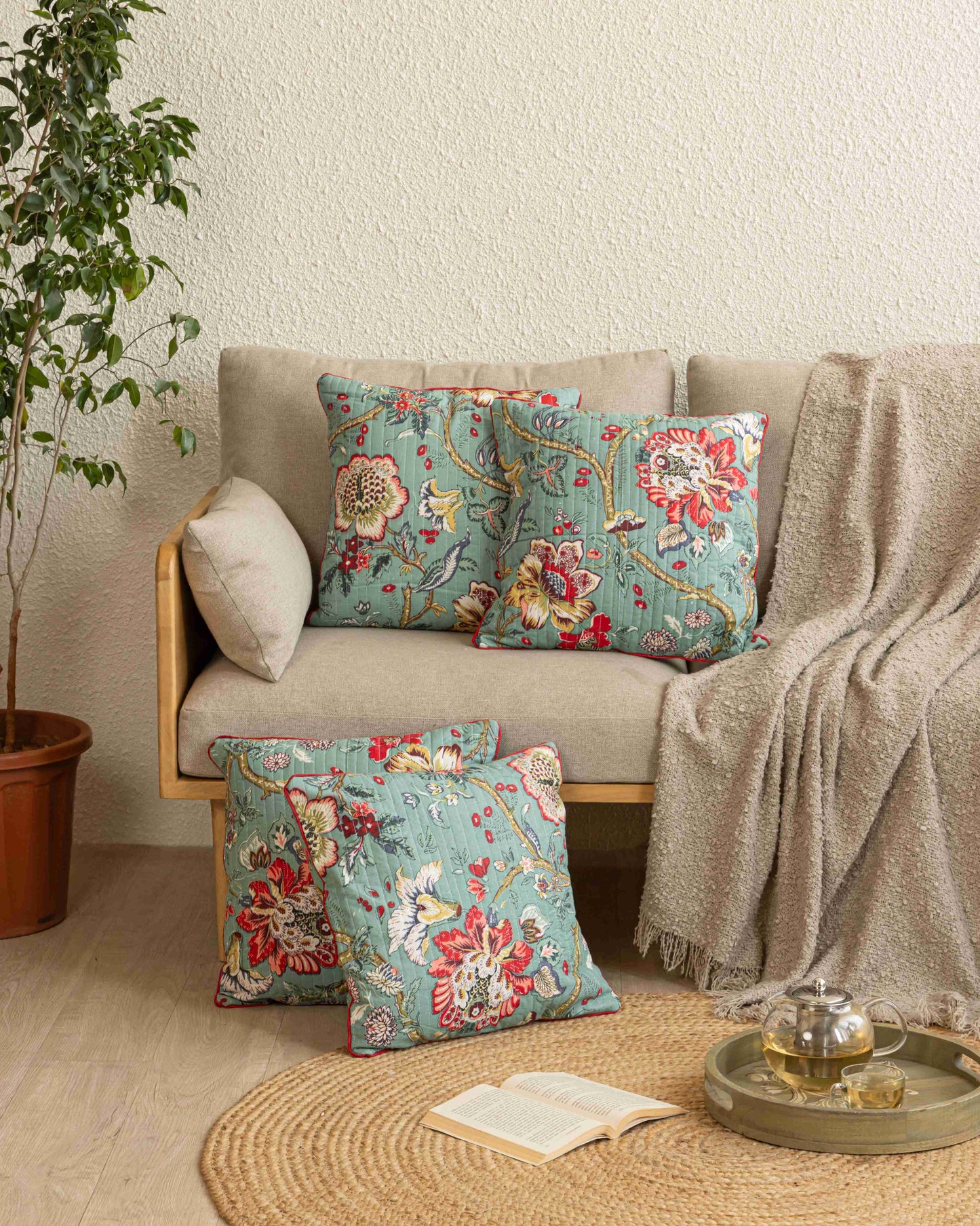Quilted Blue Blossom Cushion Covers (Pack of 5)