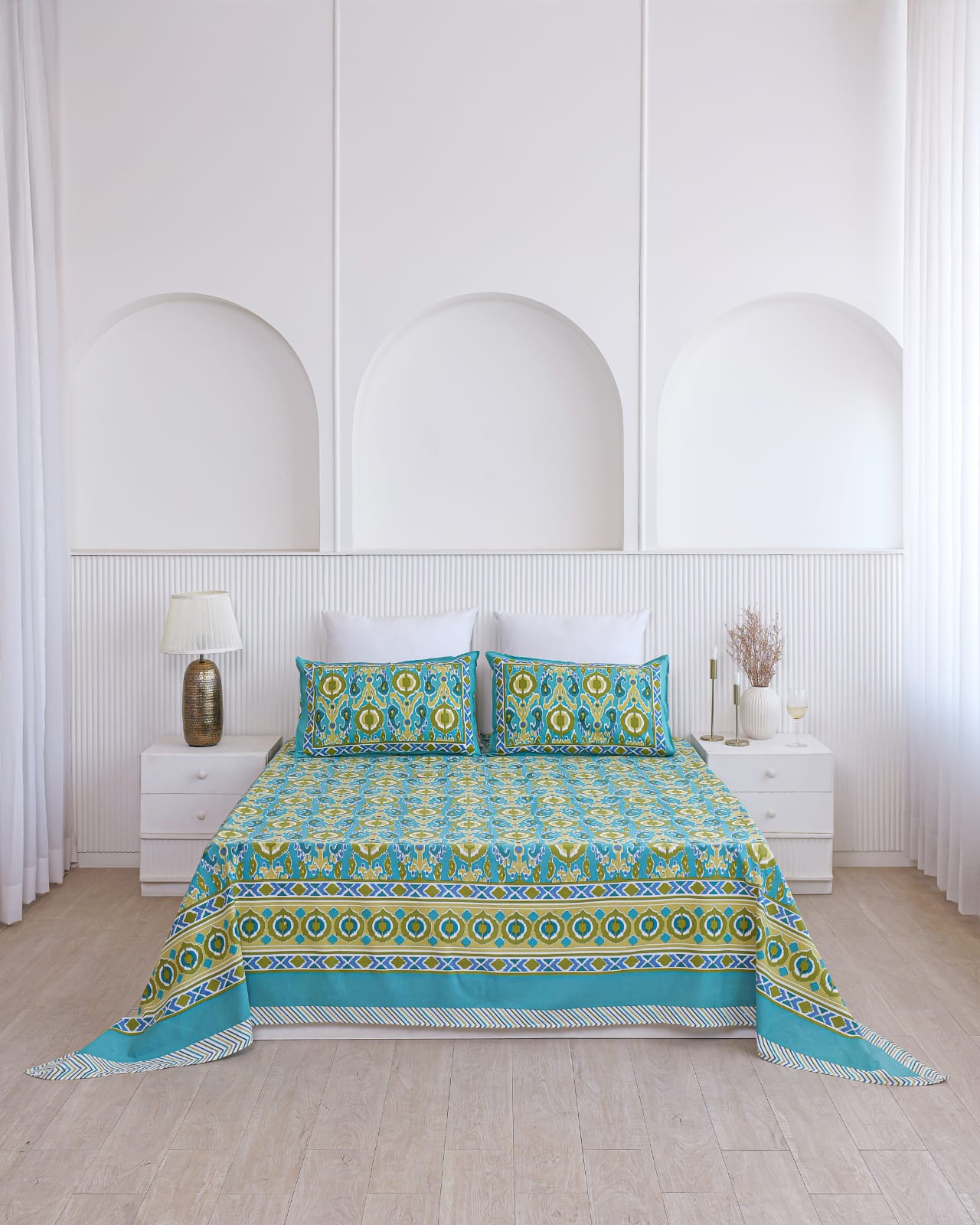 Green Base Ikat Print Bedsheet