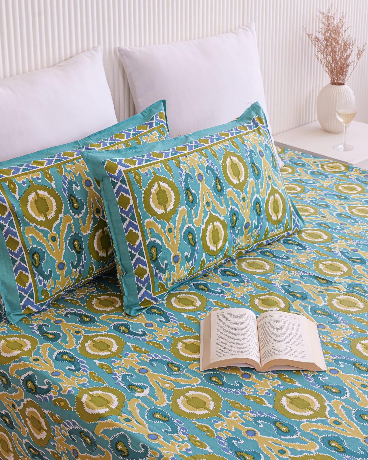 Green Base Ikat Print Bedsheet