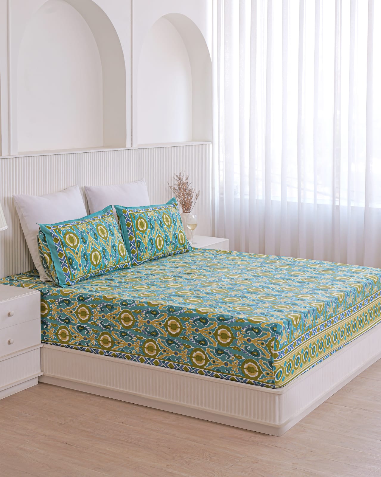 Green Base Ikat Print Bedsheet