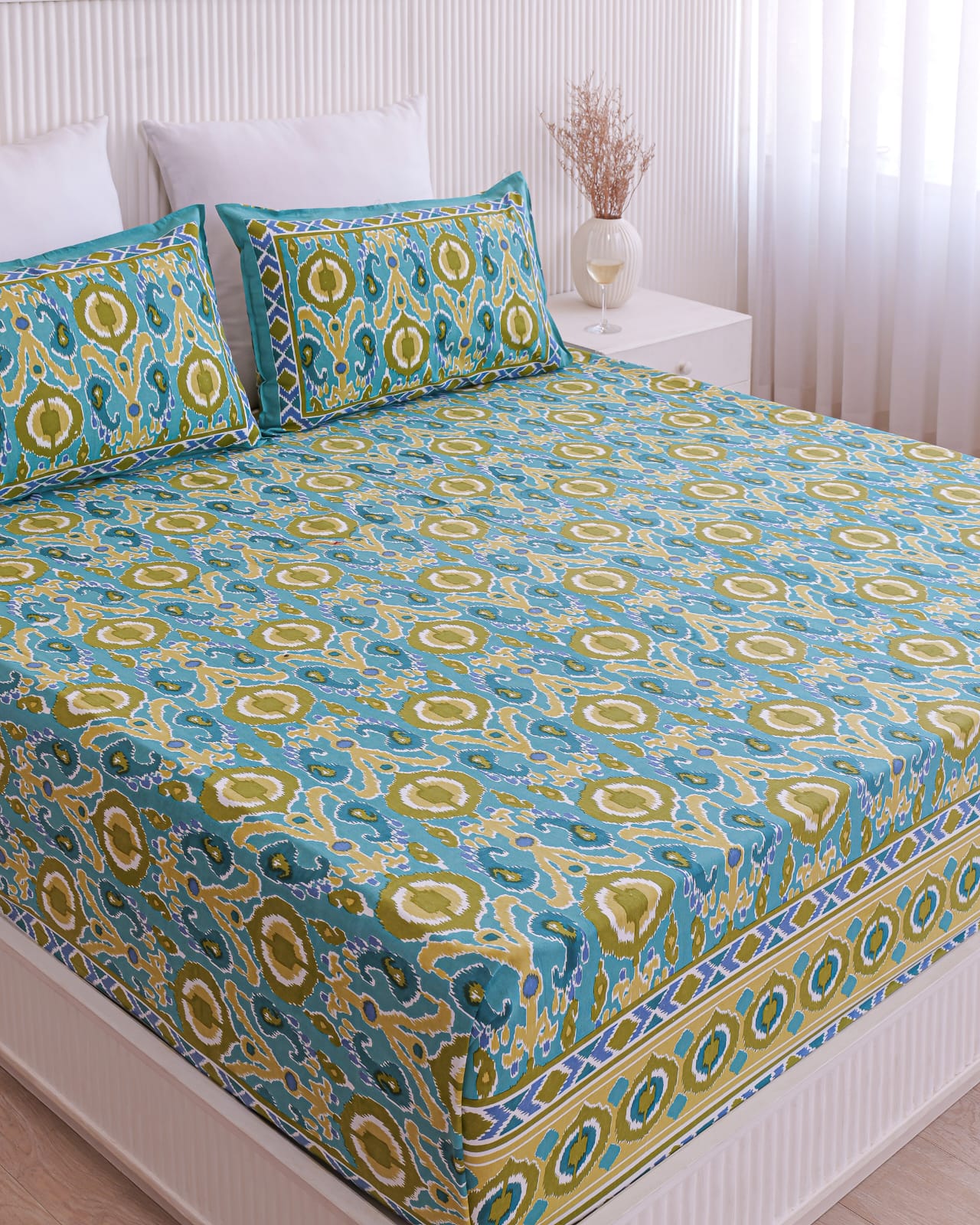 Green Base Ikat Print Bedsheet