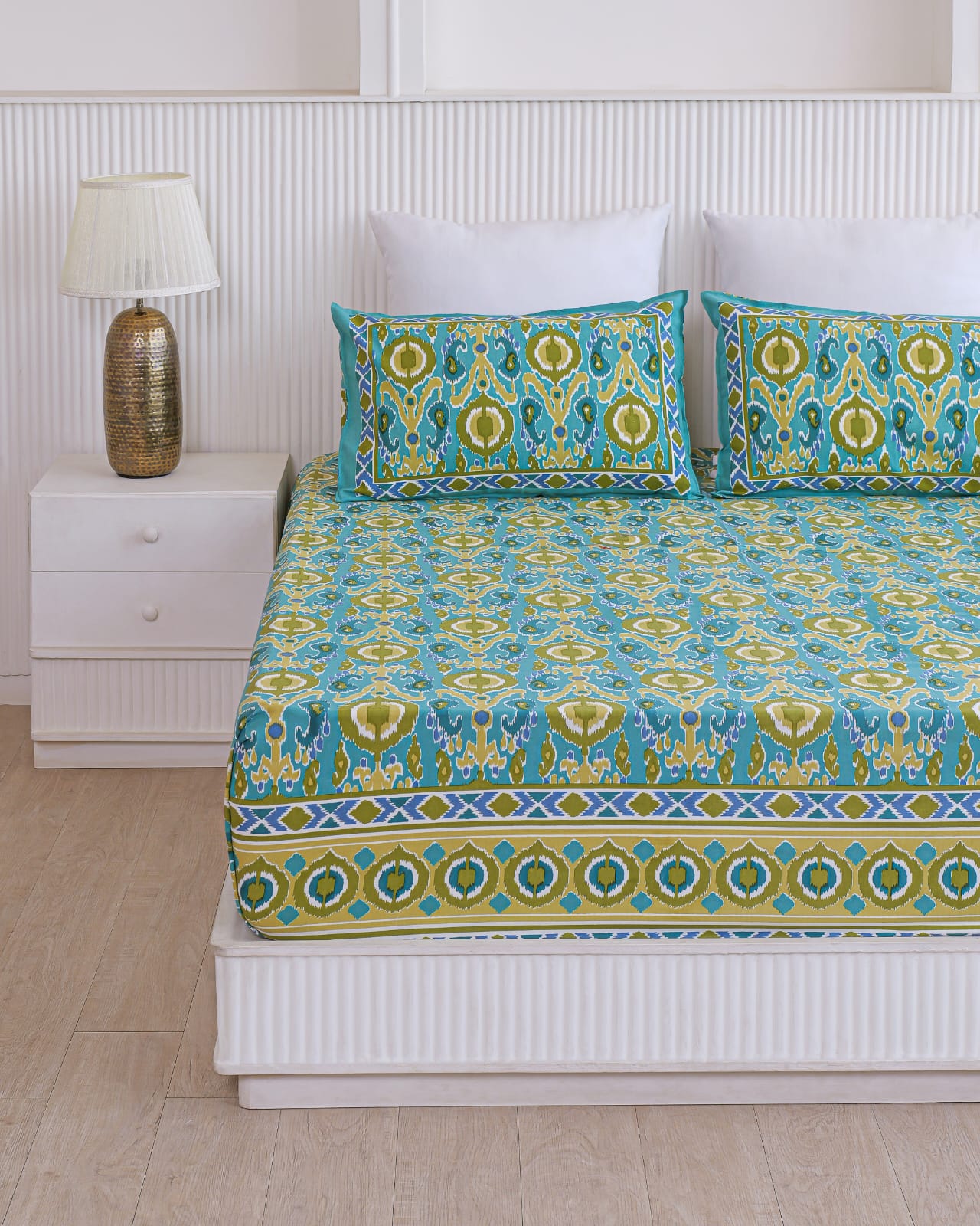 Green Base Ikat Print Bedsheet