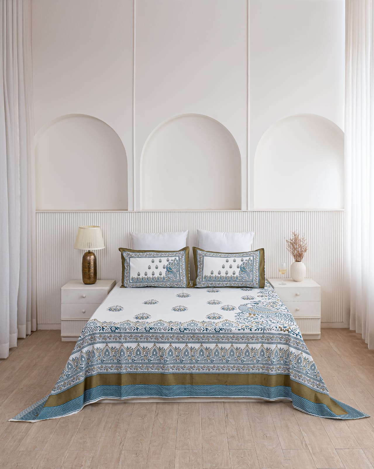 Ethnic Blue Peafowl Print Bedsheet