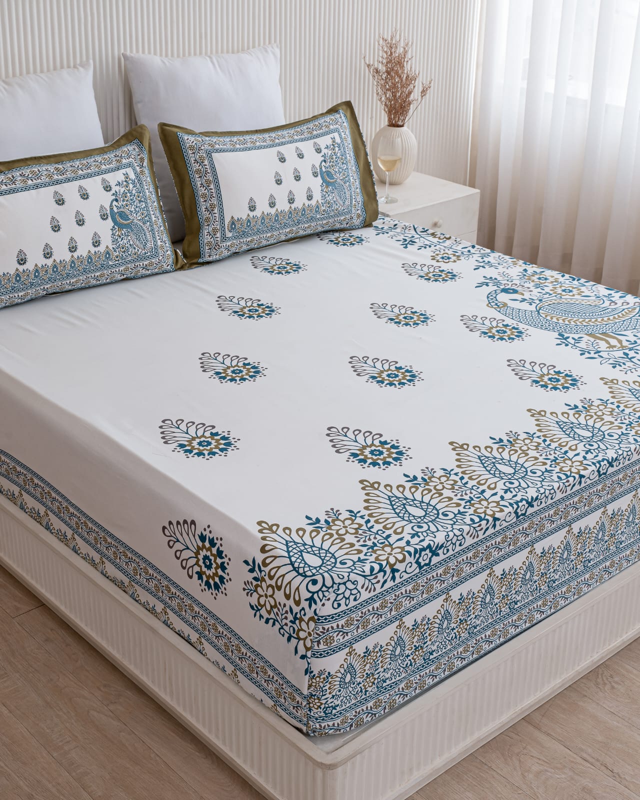 Ethnic Blue Peafowl Print Bedsheet