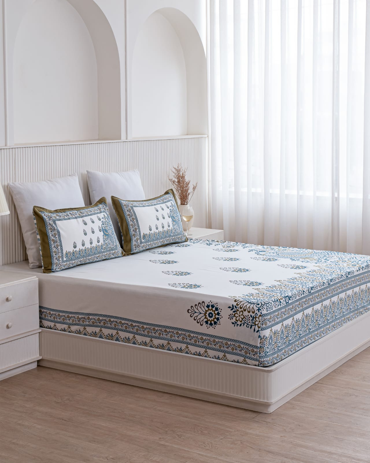 Ethnic Blue Peafowl Print Bedsheet