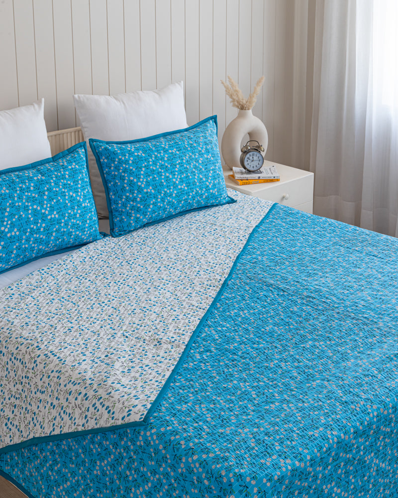 Reversible Quilted Bed Cover-Turquoise & White