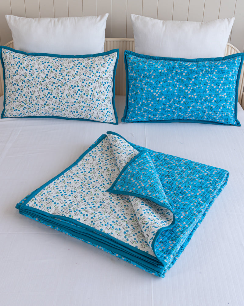 Reversible Quilted Bed Cover-Turquoise & White