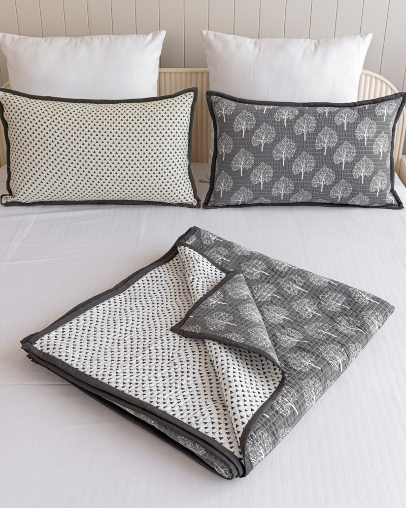 Reversible Quilted Bed Cover-Grey & White