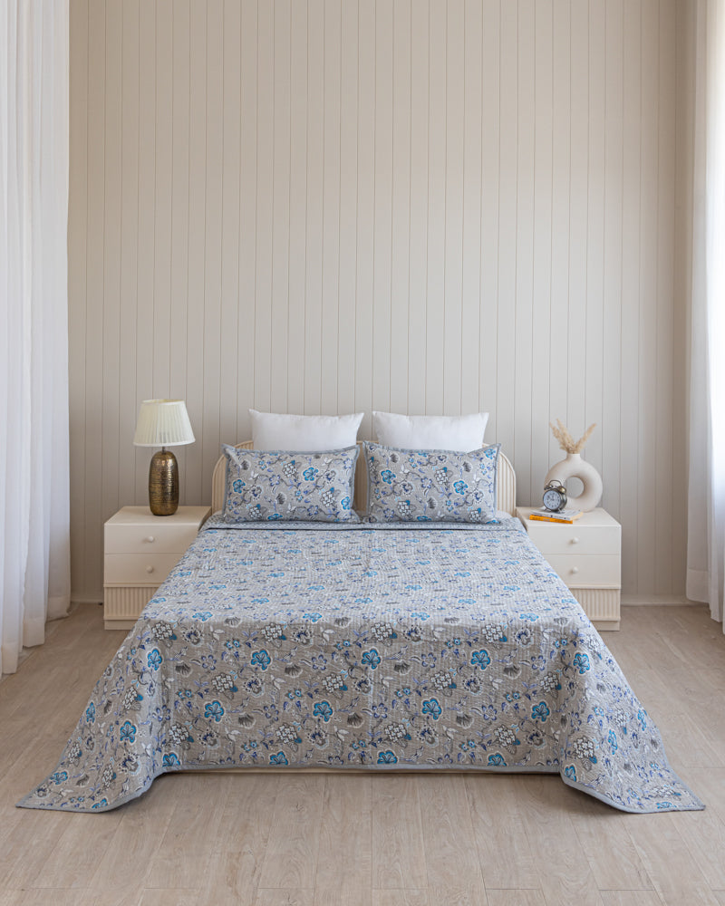 Reversible Quilted Bed Cover- White, Green & Grey