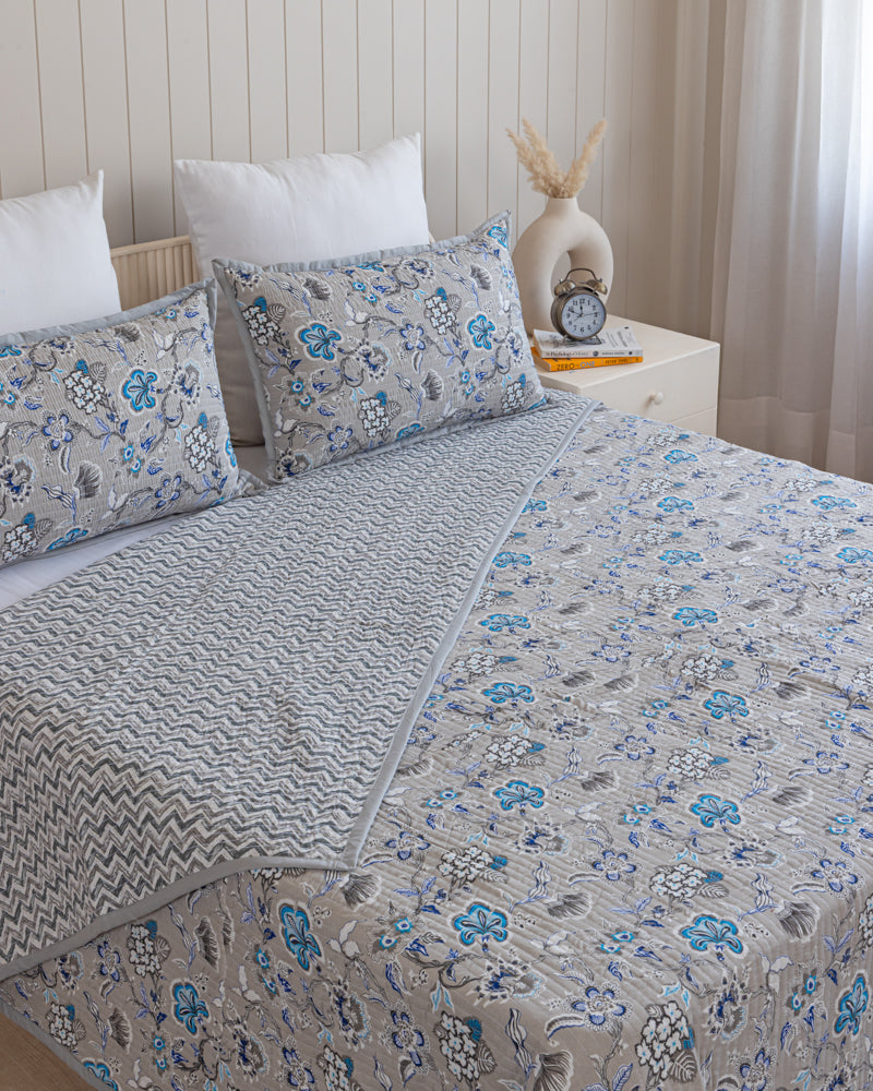 Reversible Quilted Bed Cover- White, Green & Grey