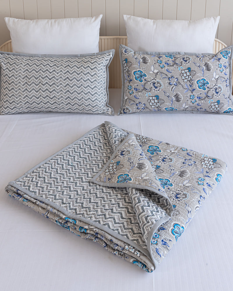 Reversible Quilted Bed Cover- White, Green & Grey