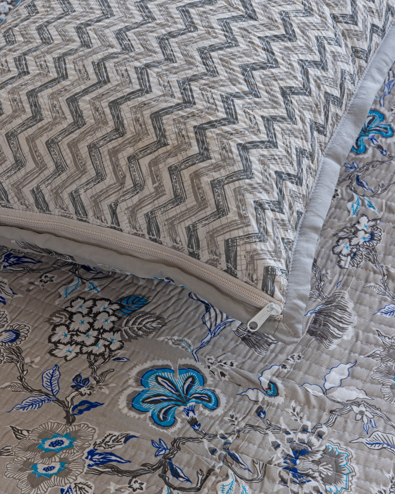 Reversible Quilted Bed Cover- White, Green & Grey