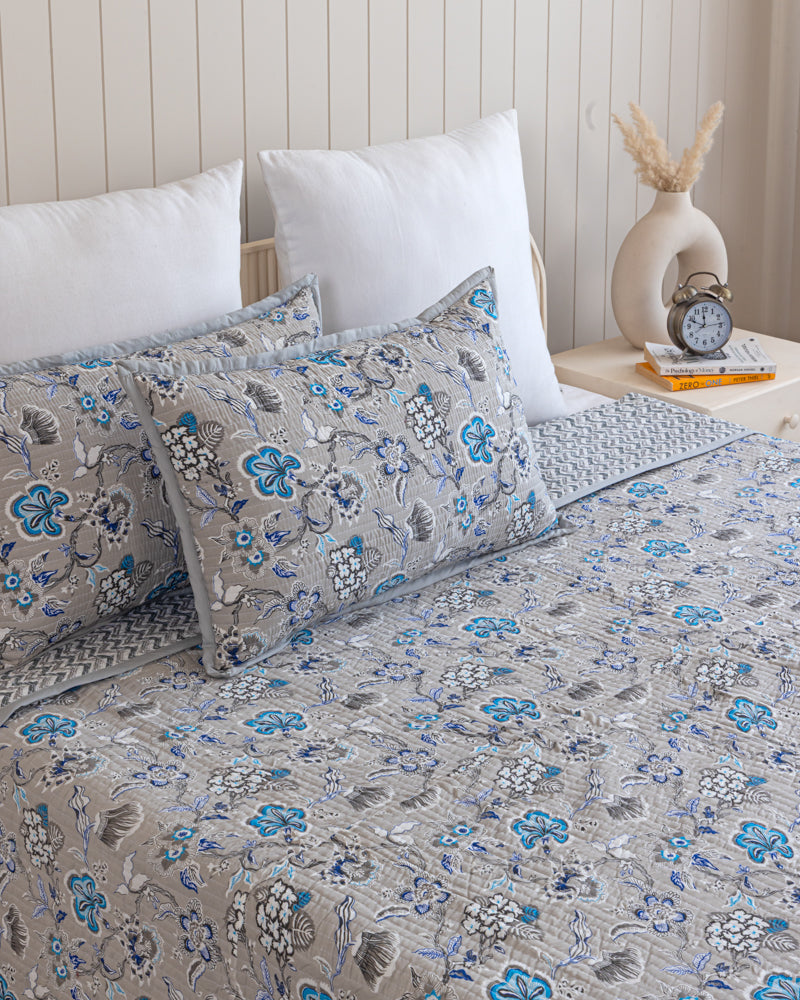 Reversible Quilted Bed Cover- White, Green & Grey