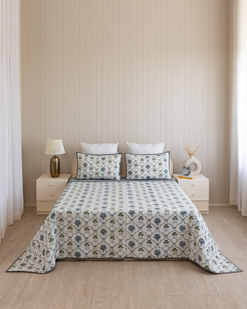 Reversible Quilted Bed Cover-Blue & White