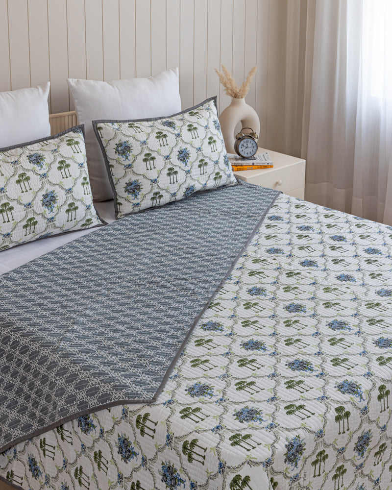 Reversible Quilted Bed Cover-Blue & White