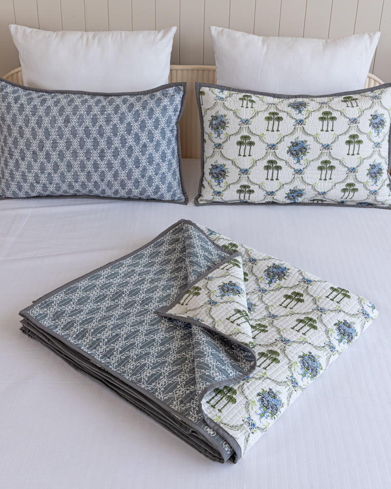 Reversible Quilted Bed Cover-Blue & White