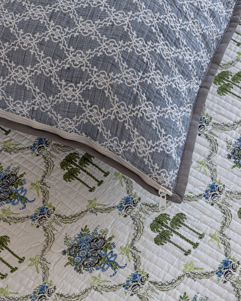 Reversible Quilted Bed Cover-Blue & White