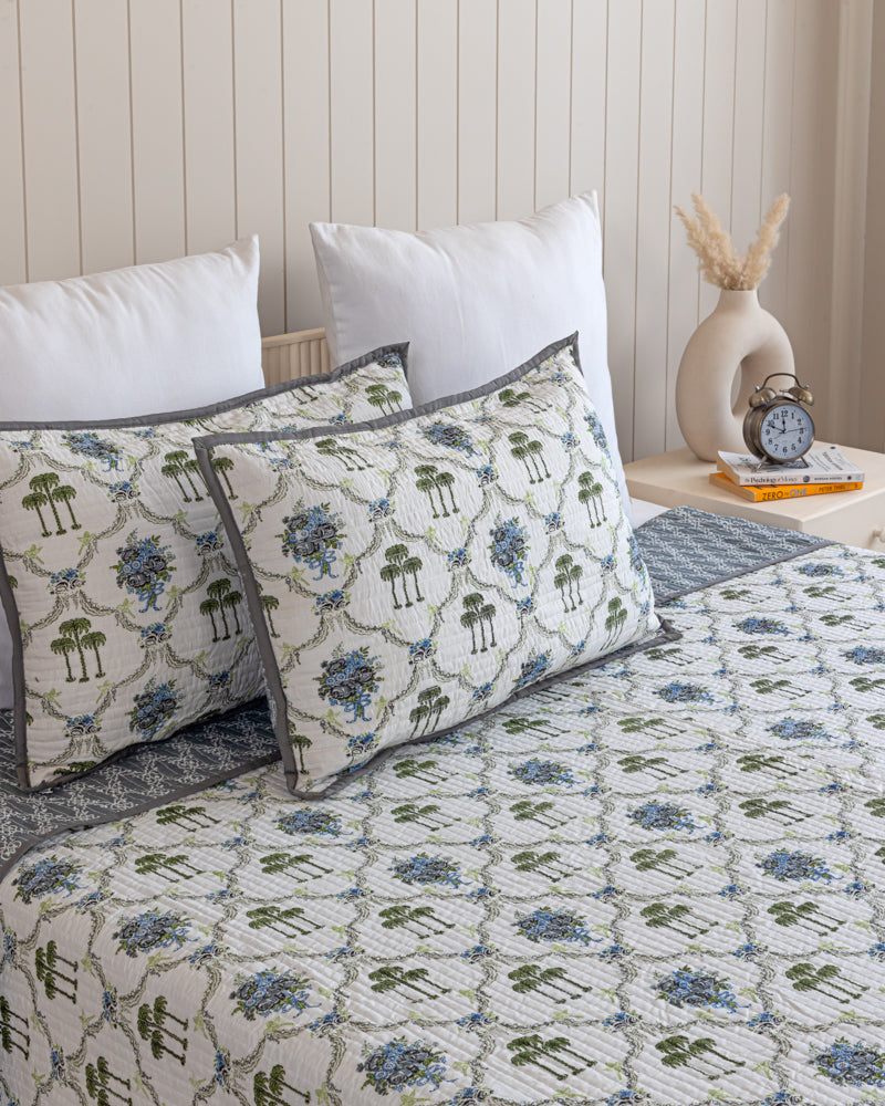 Reversible Quilted Bed Cover-Blue & White