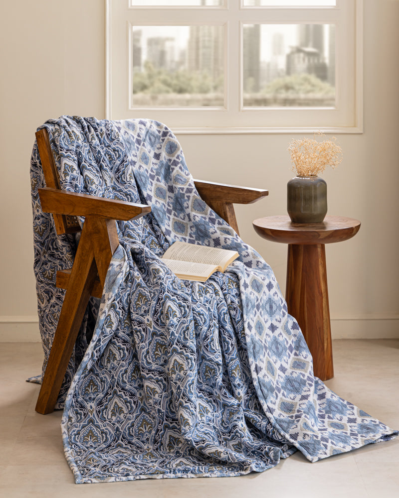 Blue White Ikat Reversible Dohar