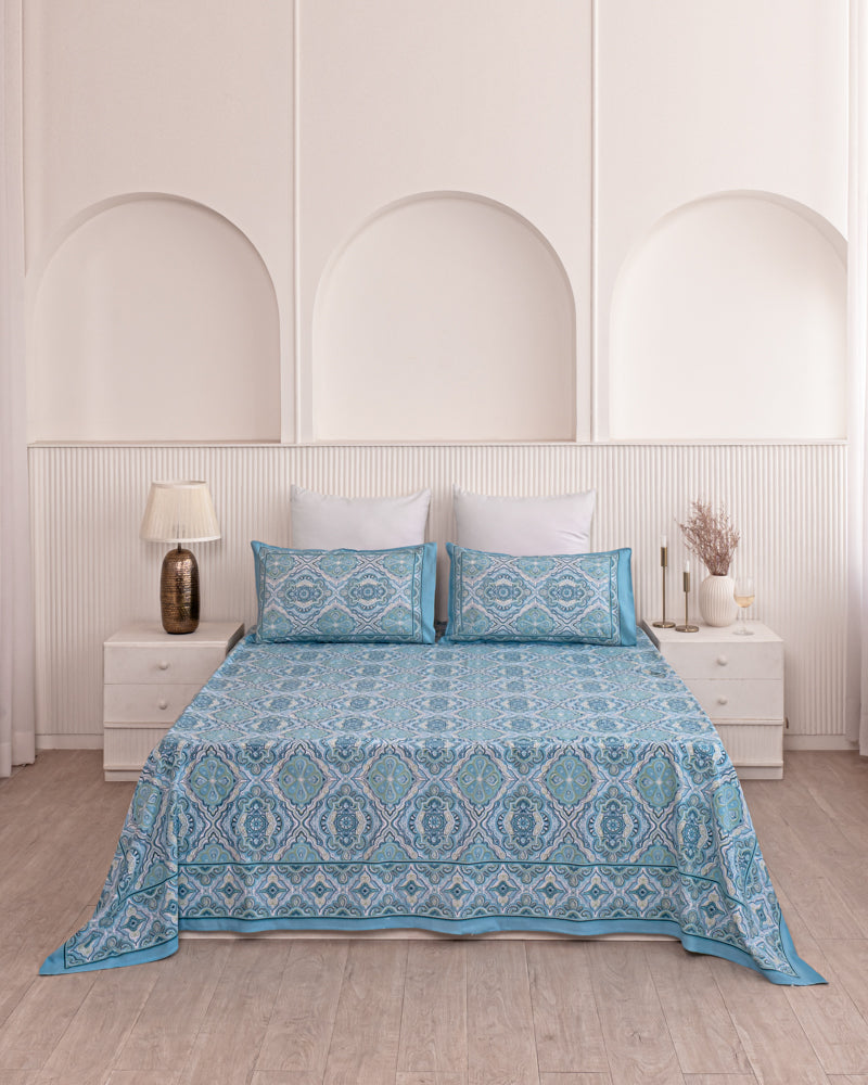 Turquoise Ikat Printed Bedsheet