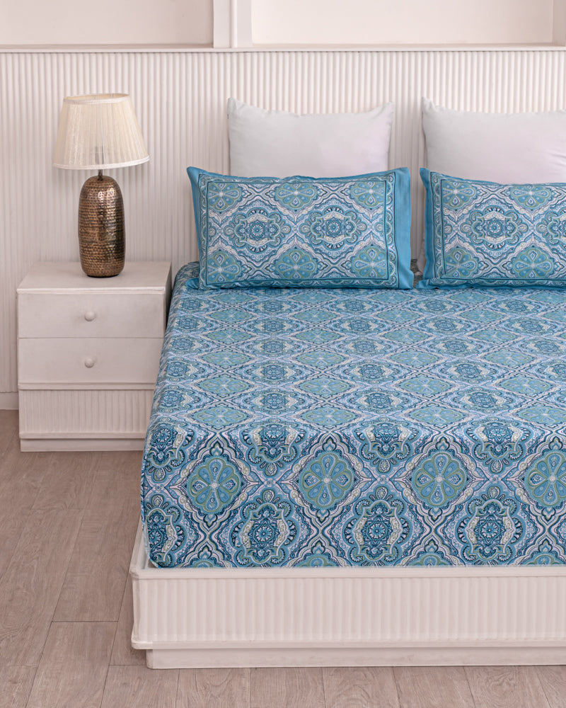 Turquoise Ikat Printed Bedsheet