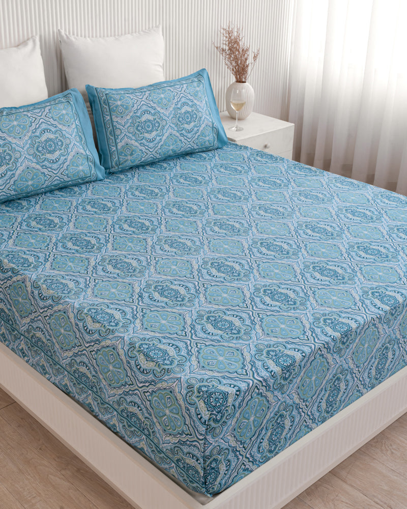 Turquoise Ikat Printed Bedsheet