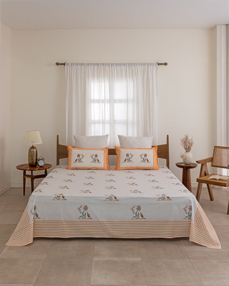 Hand Block Floral Chirp Printed Bedsheet