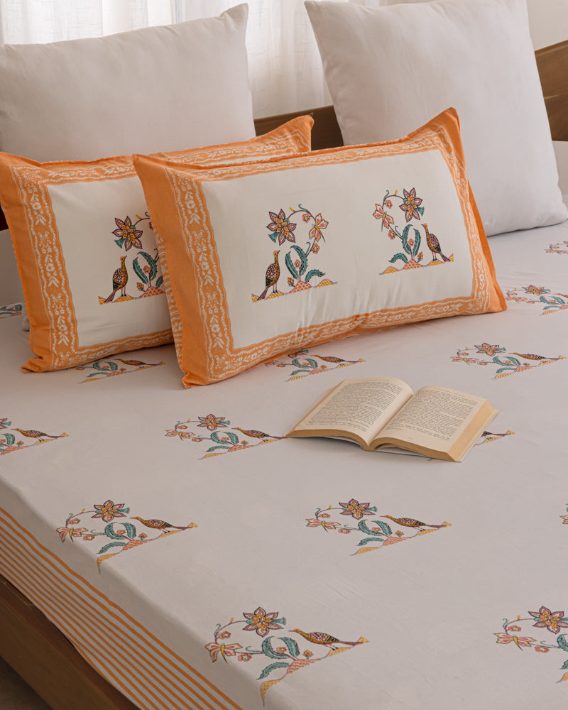 Hand Block Floral Chirp Printed Bedsheet