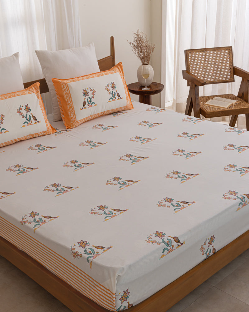 Hand Block Floral Chirp Printed Bedsheet