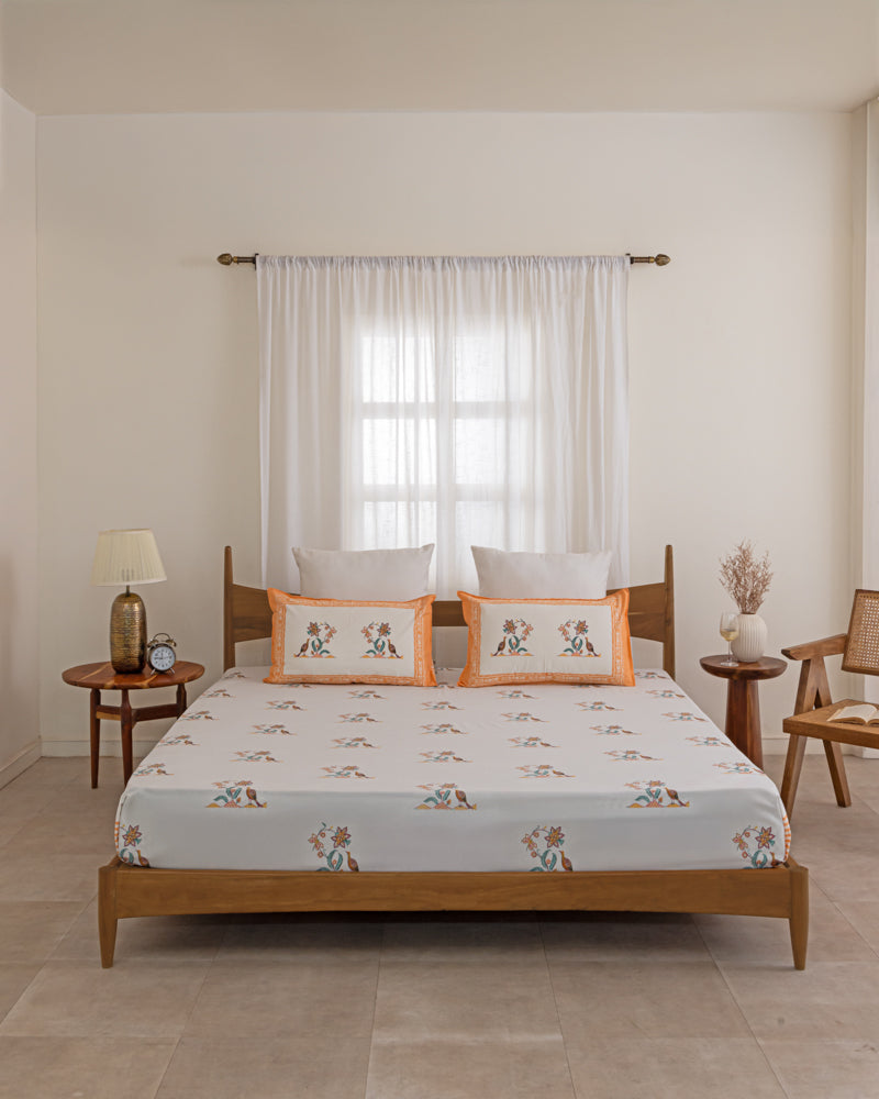 Hand Block Floral Chirp Printed Bedsheet