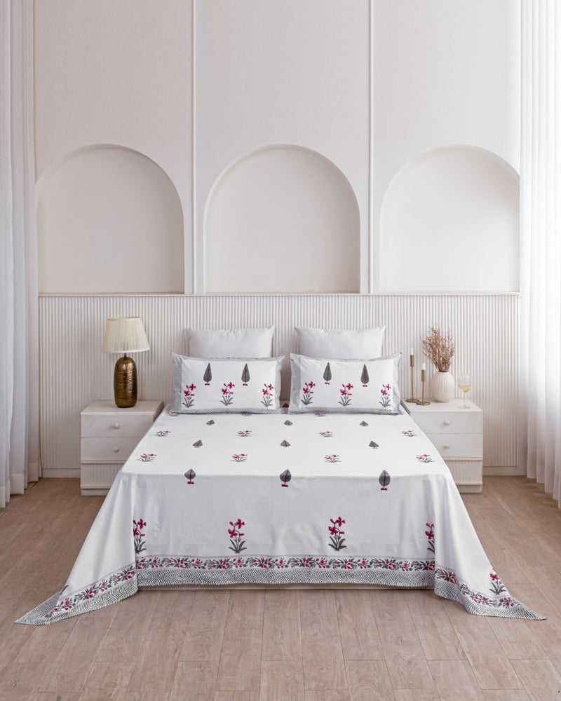 Hand Block Ivoria Orchid Bedsheet