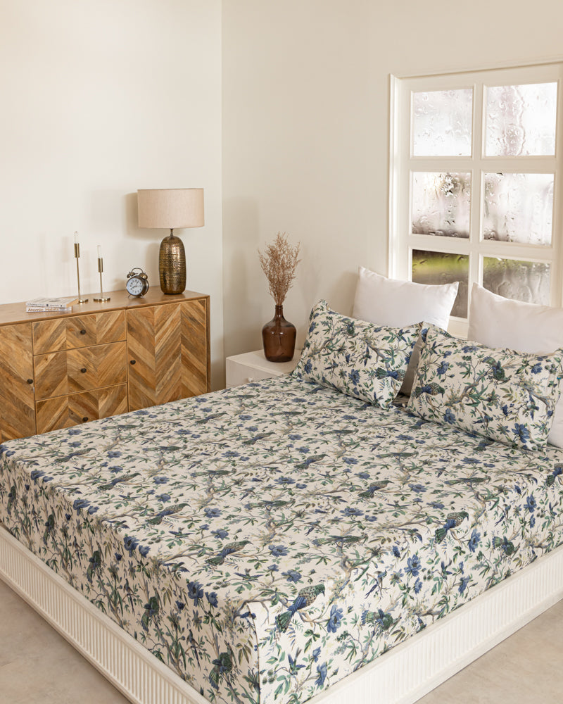 Anokhi Blue Flamingo Print Bedsheet