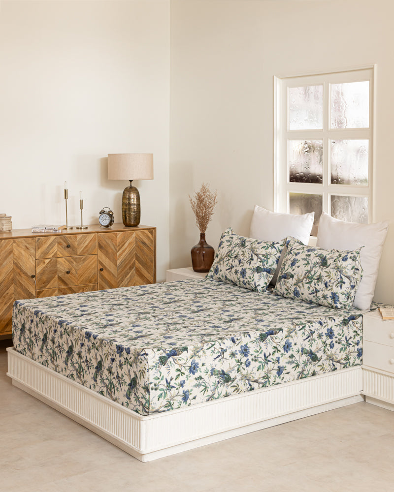 Anokhi Blue Flamingo Print Bedsheet