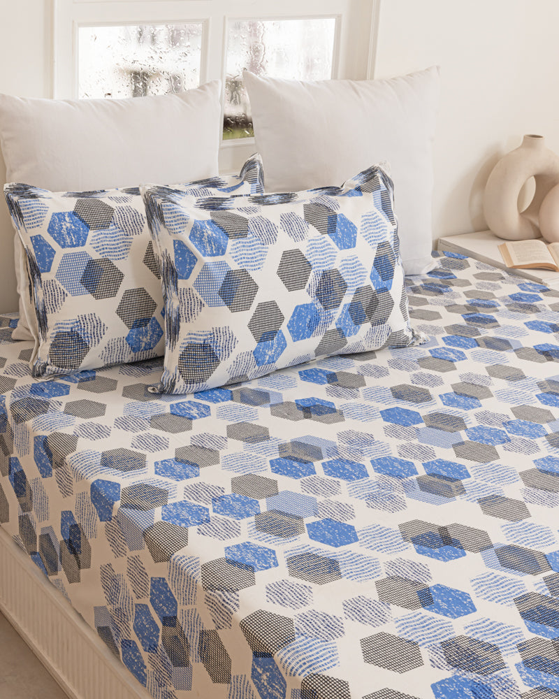 Blue Hexa Mosaic Bedsheet & Turquoise Reversible Dohar Combo
