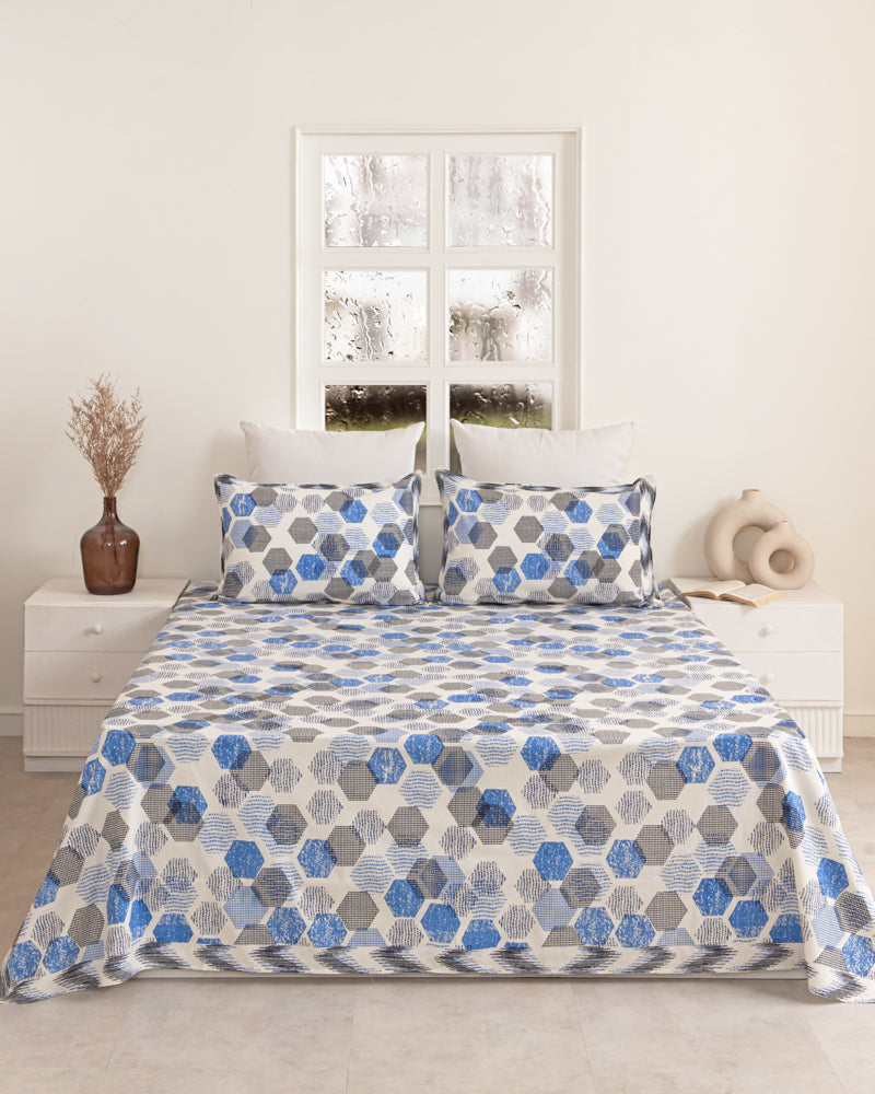 Blue Hexa Mosaic Bedsheet & Turquoise Reversible Dohar Combo