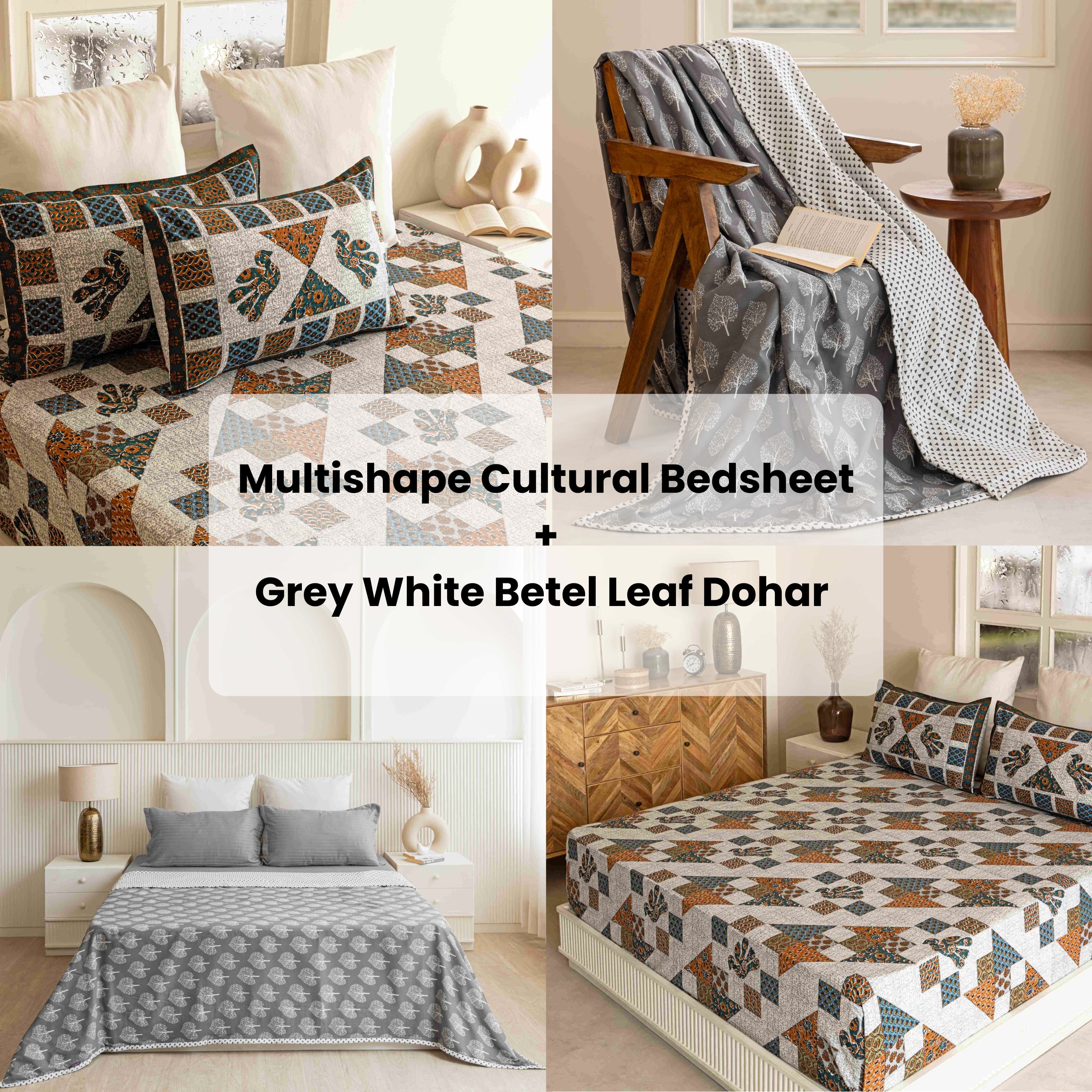 Multishape Cultural Bedsheet & Grey White Betel Leaf Dohar Combo