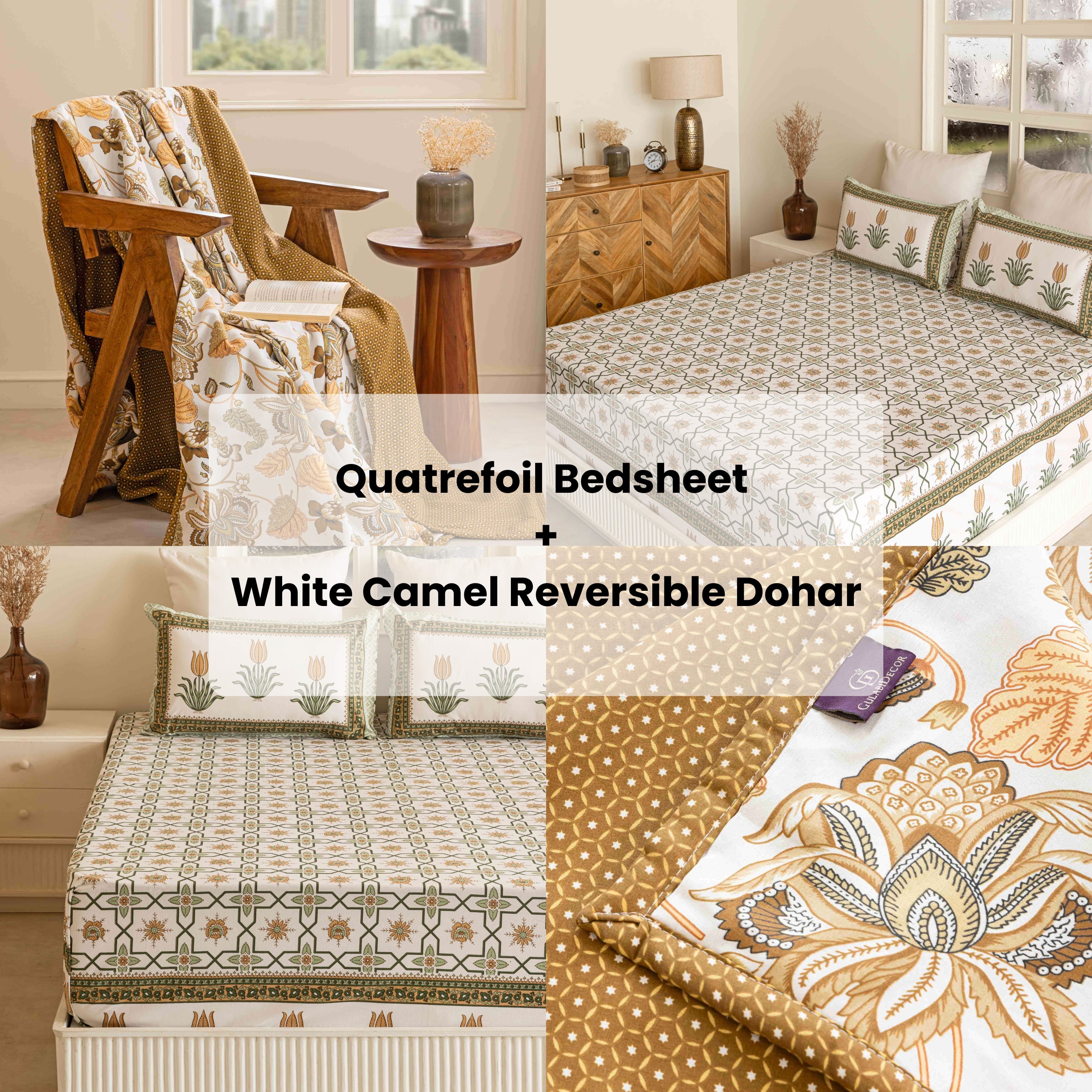 Quatrefoil Bedsheet & White Camel Reversible Dohar Combo
