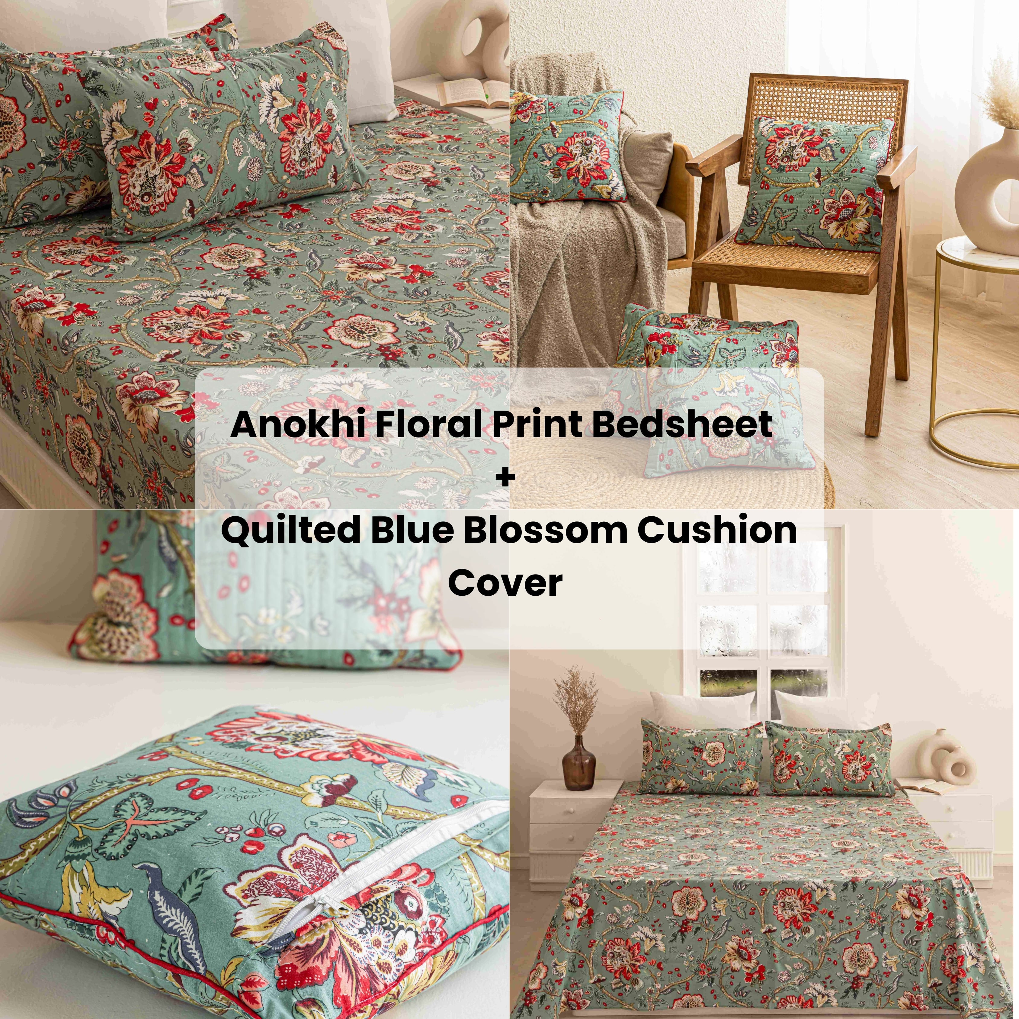 Anokhi Floral Print Bedsheet and Quilted Blue Blossom Cushion Cover Combo Set