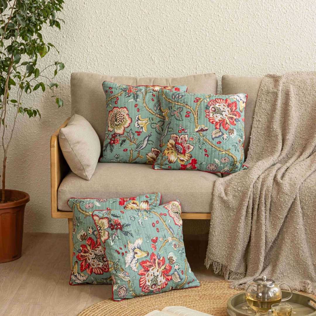 Anokhi Floral Print Bedsheet and Quilted Blue Blossom Cushion Cover Combo Set