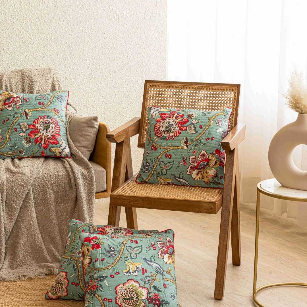 Anokhi Floral Print Bedsheet and Quilted Blue Blossom Cushion Cover Combo Set