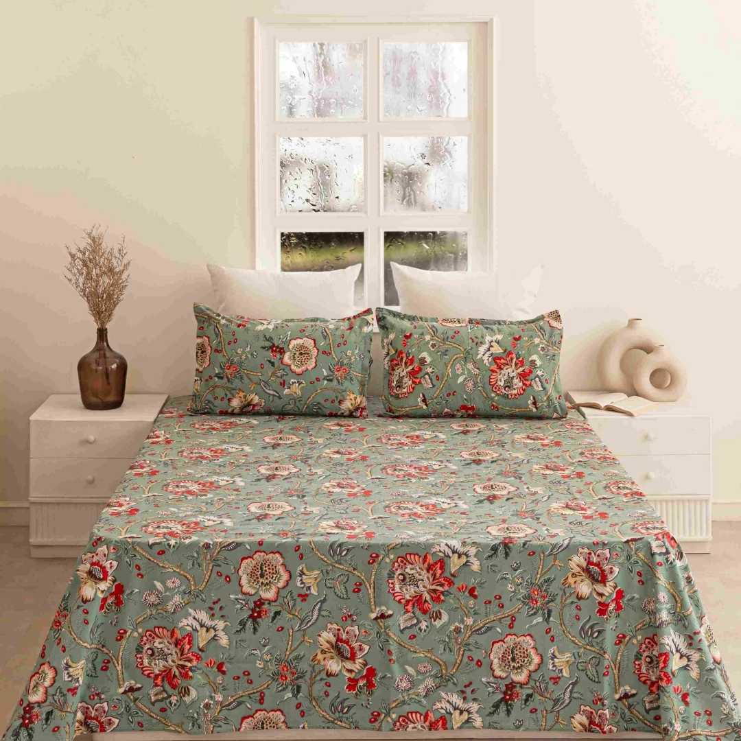 Anokhi Floral Print Bedsheet and Quilted Blue Blossom Cushion Cover Combo Set